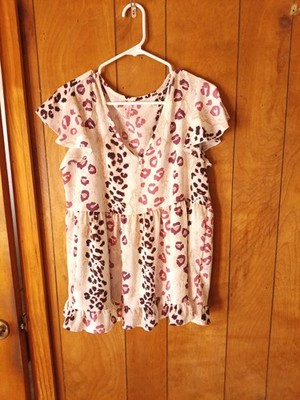 Watermelon Women Pink Leopard Print Babydoll Top Size L Short Sleeve Ruffle Hem