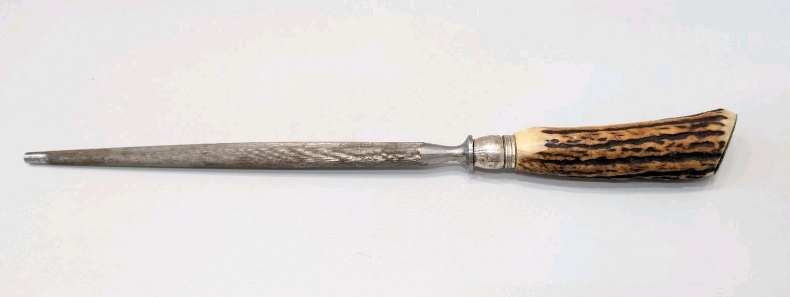 Antique Sterling Silver Faux Stag Handle Sharpening Steel Honing Rod