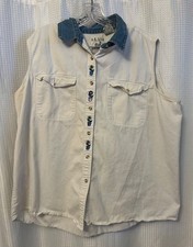 VTG 90s Sleeveless White Denim Floral Embroidered Top Plus Size 3X Grandmacore