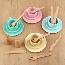 Wooden Toy Plates Dishes Cups Educational Play Kitchen Dish Set for Toddlers