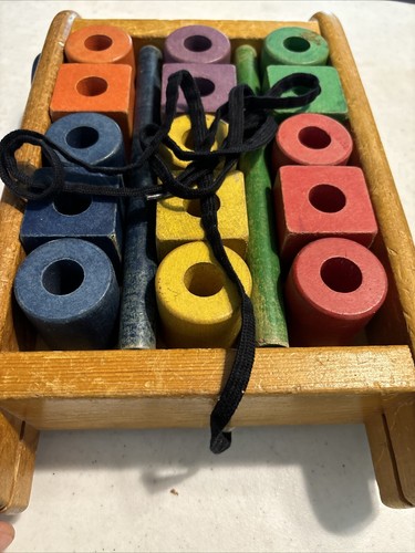 VINTAGE SIFO Rainbow Wagon Wooden Pull Toy Complete w/ Blocks & Rods - Picture 12 of 12
