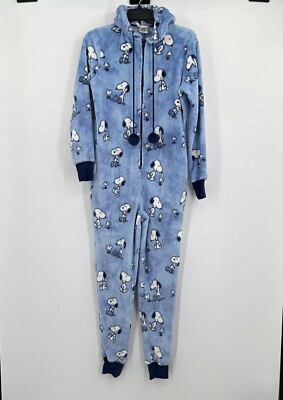 Munki Munki Peanuts One Piece Pajama XS Blue Snoopy Plush Hoodie Pom Pom  Zip Up