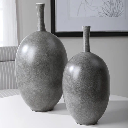 Marbled Black White Gray Modern Vase Set 2 Round Ceramic Minimalist Oval - Picture 2 of 4