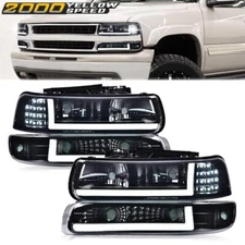 Fit For 99-02 Chevy Silverado 00-06 Tahoe LED DRL Black Headlights+Bumper Lamps