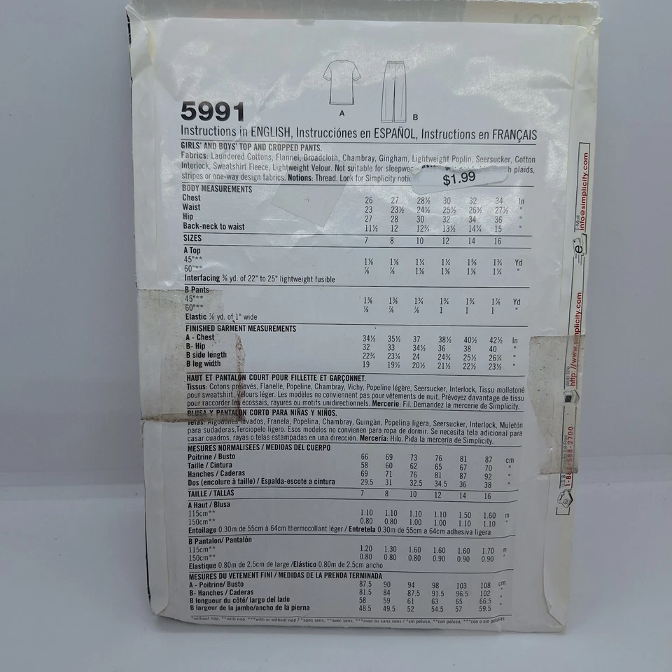 Simplicity 5991 VTG Kids Unisex Loose Fit Top Cropped Pants 7-16 Pattern UC FF - Image 4 of 4