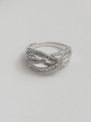 SUN 925 Sterling Silver Real White Diamond Crossover Ring Size 8
