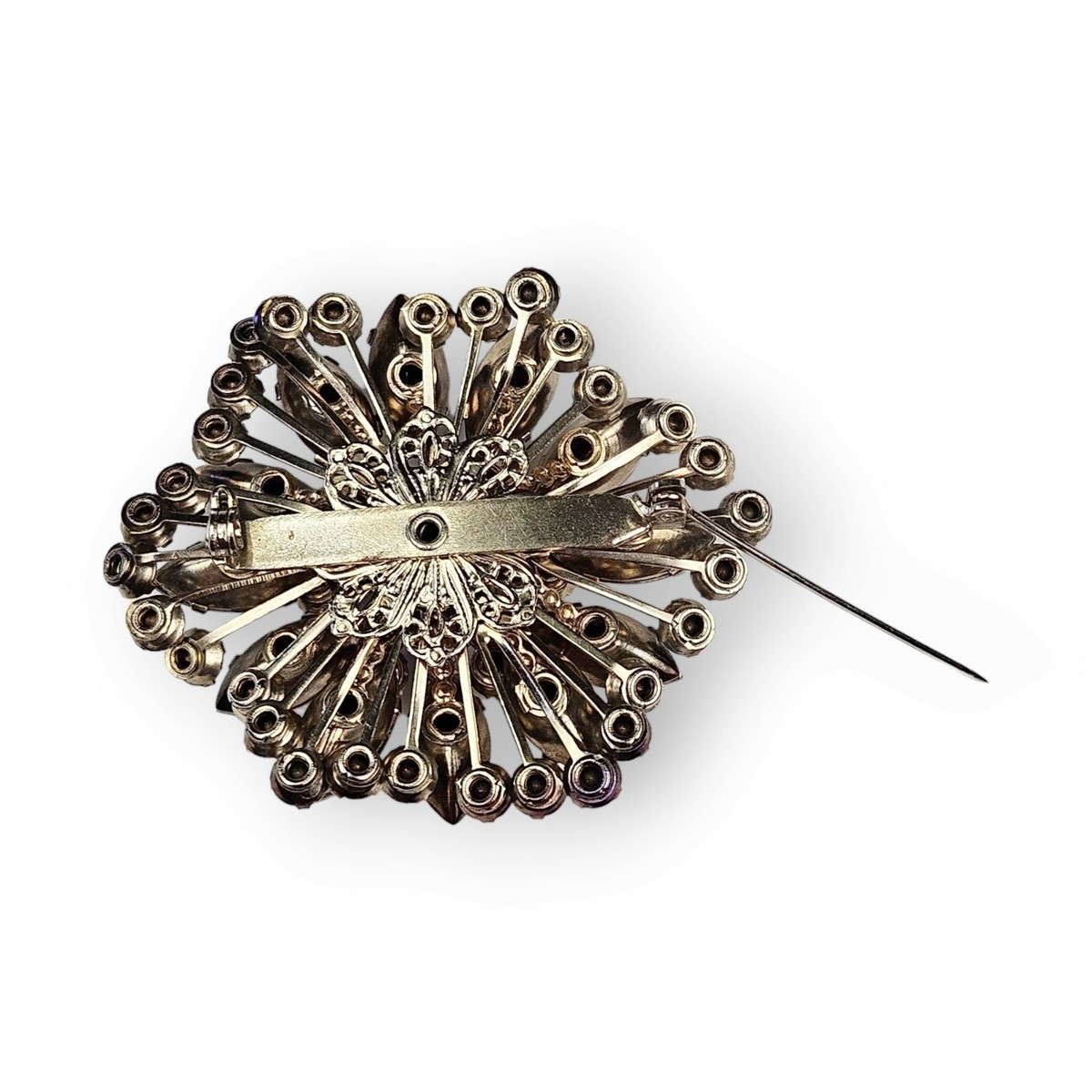 Vintage Topaz AB Rhinestone Floral Brooch Green Navette Gold Tone 2.25\