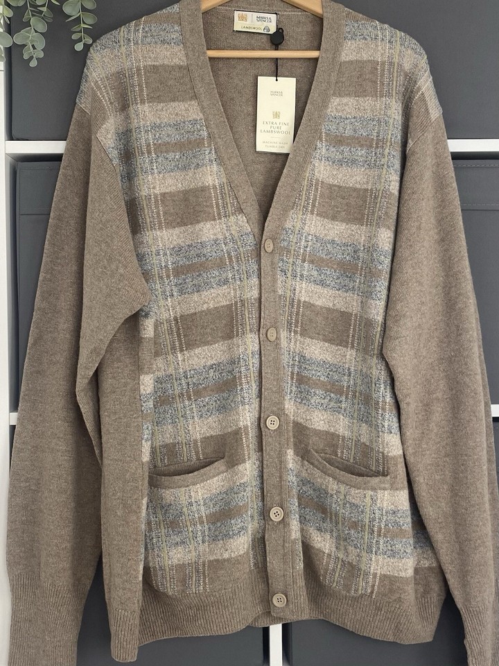 M&S Mens Mans Pure Lambswool Cardigan Size XXL Beige V Neck Check