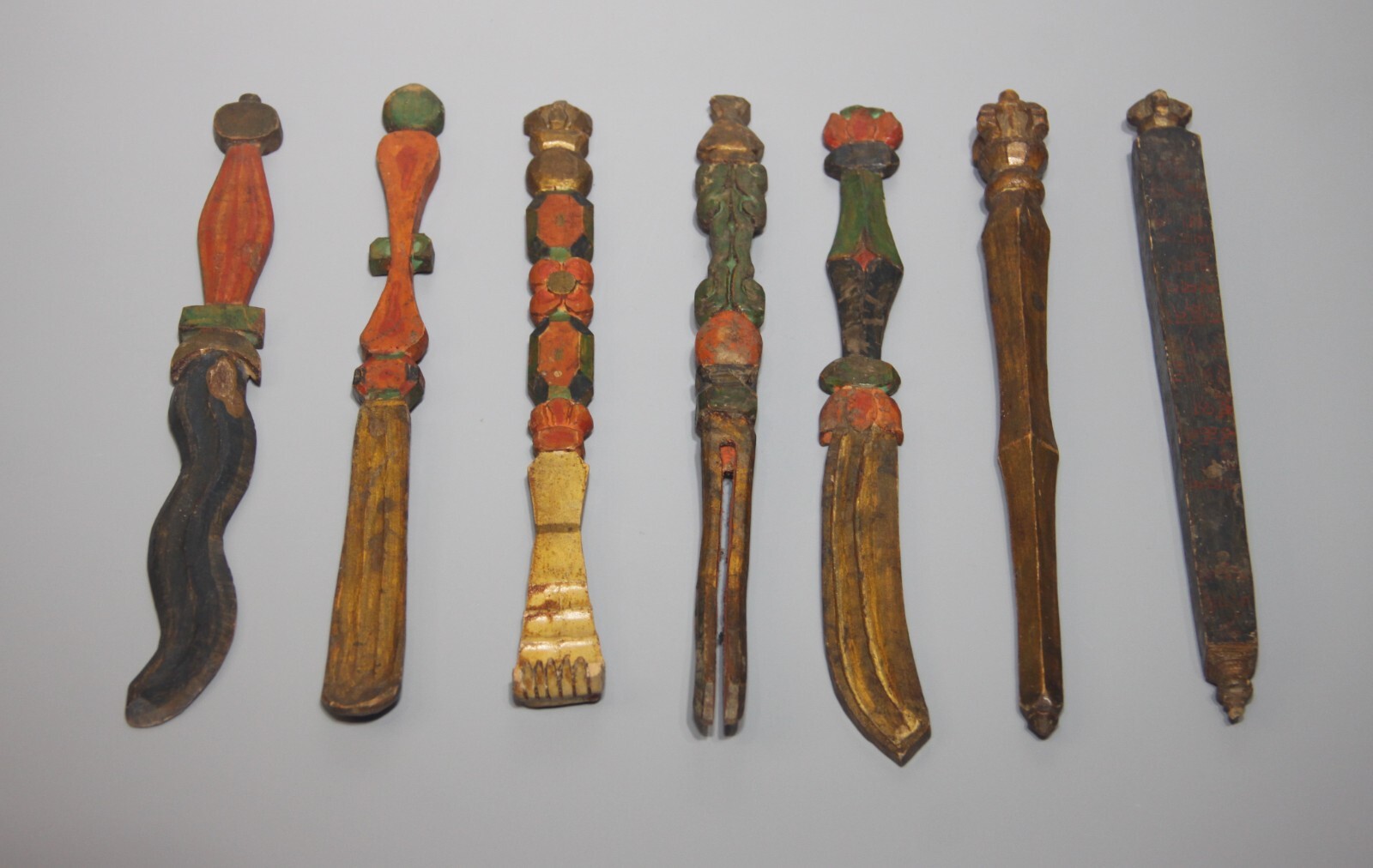 Rare Nice Set 7P Tibet 19th Century Old Antique Buddhist Wood Ritual Implements