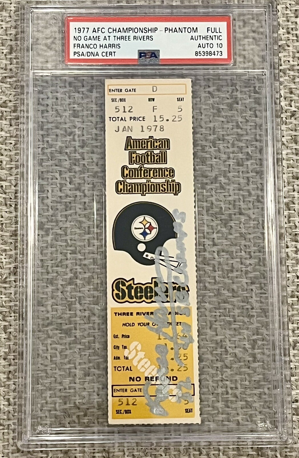 Franco Harris Autographed Signed Pittsburgh Steelers Steelers & Inscribed Ticket Gem 10 Auto PSA/DNA Rare 