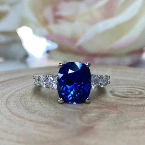 4.34 Ct Cushion Cut Natural Sapphire Diamond Wedding Ring 14K Solid White Gold - Image 4 of 4