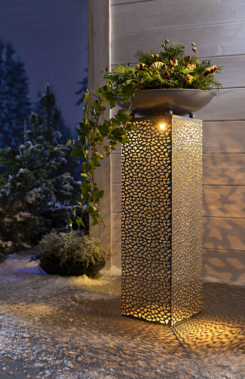 LEDPflanzsäule Plata,Silberne DesignPflanzsäule für drinnen & draußen