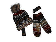 FRYE Marled Chunky Knit 2 PC MITTENS  Pom Beanie HAT SET Womens O/S Rt 116 NEW