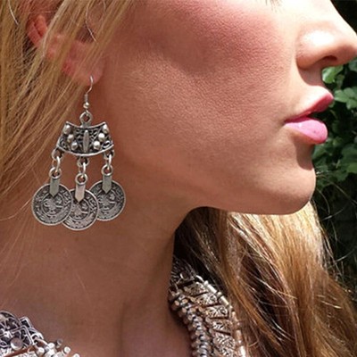 Vintage Silvery 3 Coins Pendant Earrings for Women Gypsy Tribal Boho Ethnic Turk
