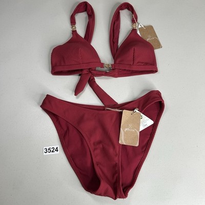 Berlook Bikini Set Small Wine Red Gold Accented Top Full Coverage Bottom New