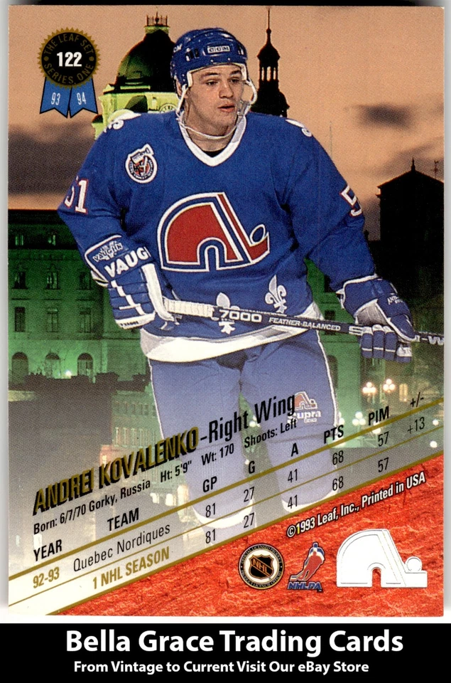 1993-94 Leaf Andrei Kovalenko #122 Quebec Nordiques NHL Hockey - Image 2 of 2