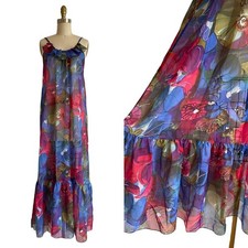 Vintage 1960s Sheer Vibrant Floral Ruffled Chiffon Nightgown Size S/M