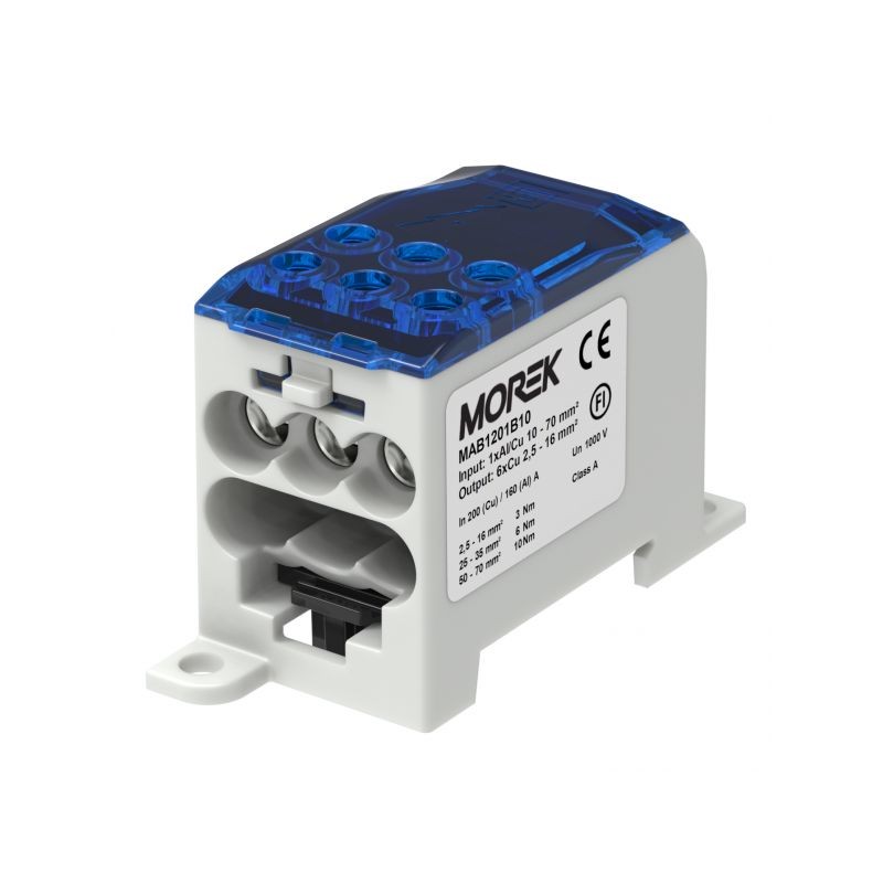 Bloc de répartition électrique 200A bleu avec entrée 70mm² et 6 sorties alu cuivre