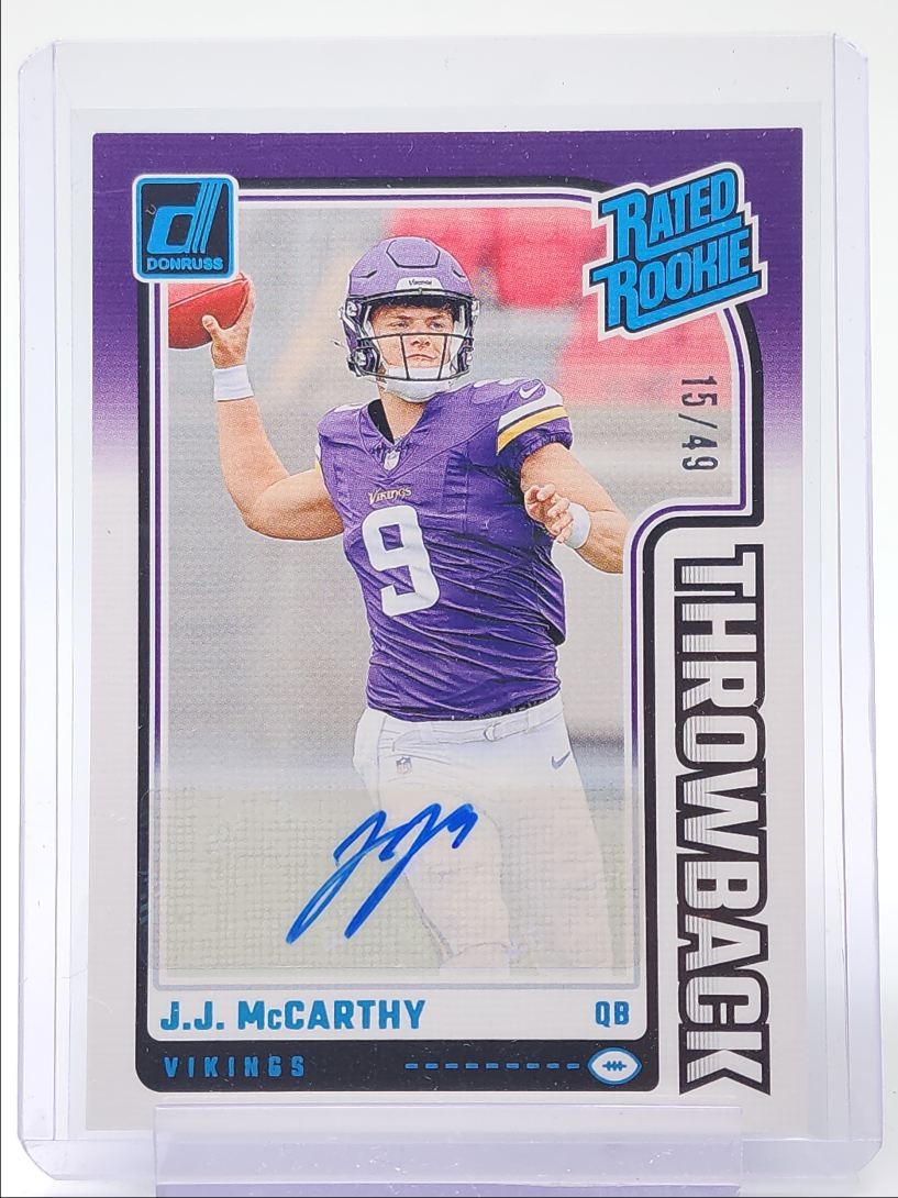 J.J. MCCARTHY 2024 DONRUSS THROWBACK RATED ROOKIE RC AUTO /49 Q1518