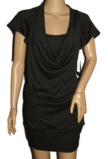NWT TEMPTED M BLACK DRAPE FRONT LAYERED CAP SLEEVE RIBBED SWEATER DRESS