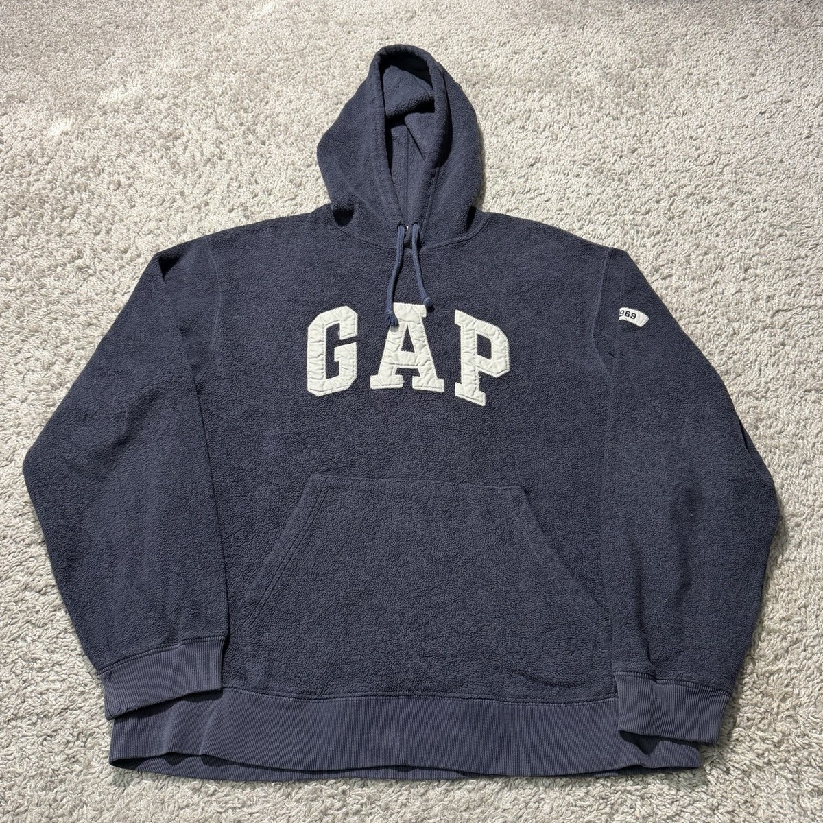 Vintage 90s GAP Hoodie Fleece Medium Spellout Arch Navy Blue Y2k