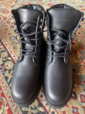 MONCLER ''Peka'' Hiking Lace Up Boots Black Leather Size Mens US 9.5 (27.5cm) New