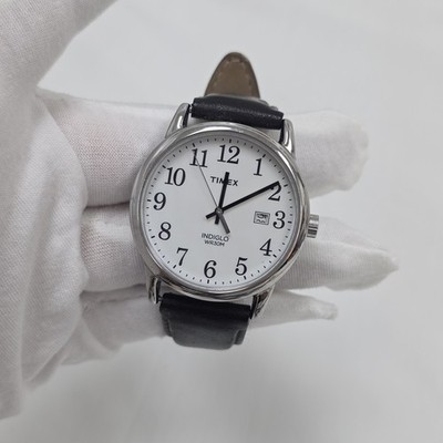 Timex Men's Watch Easy Reader Quartz Indiglo White Dial Black Leather Band 38mm