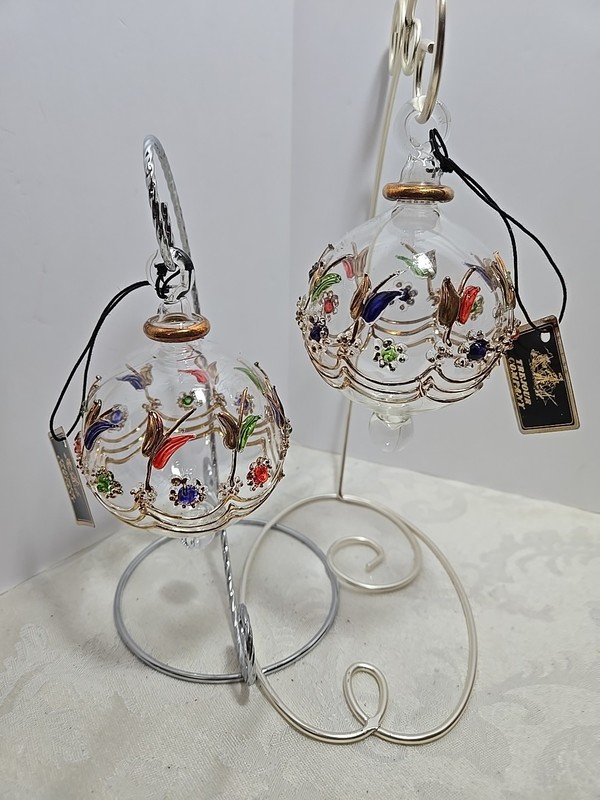 2 Trejour Clear Blown Glass Christmas Ornaments Embellished Matching Beautiful
