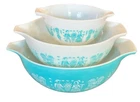Vintage Pyrex Amish Butterprint Turquoise/White Cinderella Bowls Set Of 3