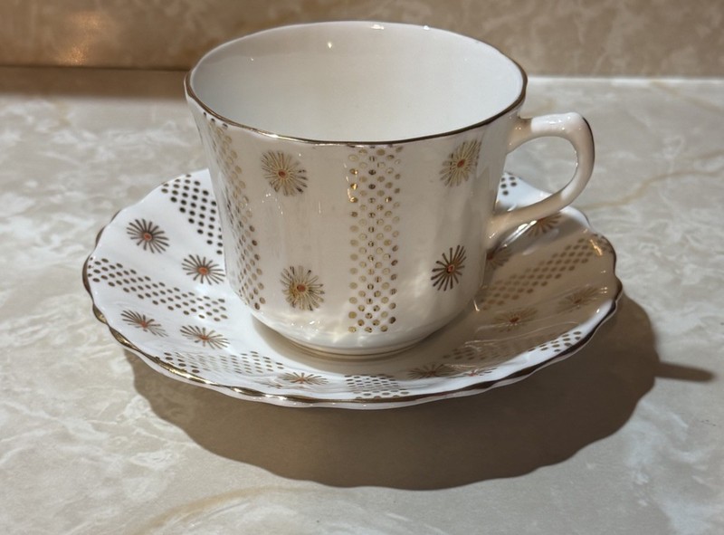 VTG. Alesbury Bone China Teacup/Saucer Set Sunburst Pattern England