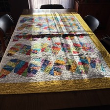 Cotton Quilt Handmade, 60" x 44" Bright Colors ,Green Backing, Unused Vintage