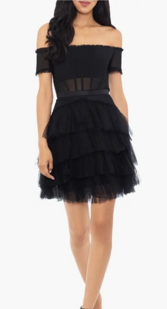 betsy and adam black tulle dress Betsy & Adam Fan Pleated Tulle Gown - Black