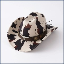 Ethnic Style Cow Print Western Caps with Belt Trendy Wide Brim Cowgirl Hat for