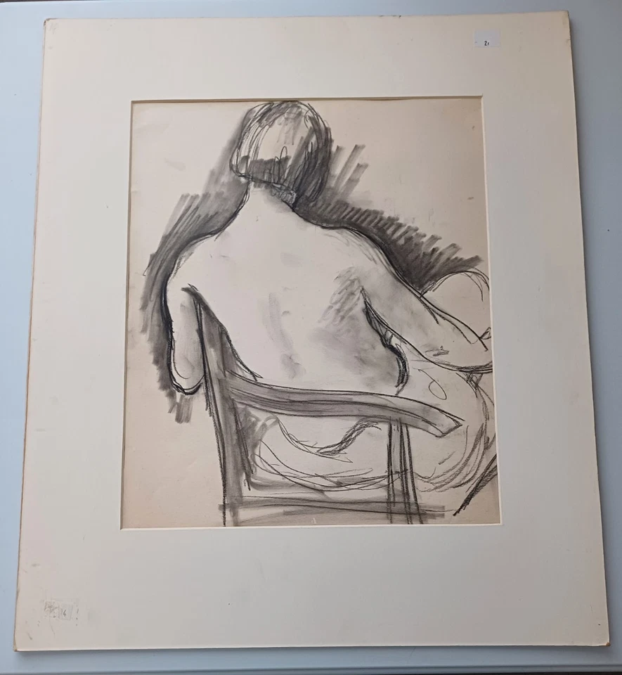 1940s charcoal drawing of female nude life on chair - Image 2 of 4