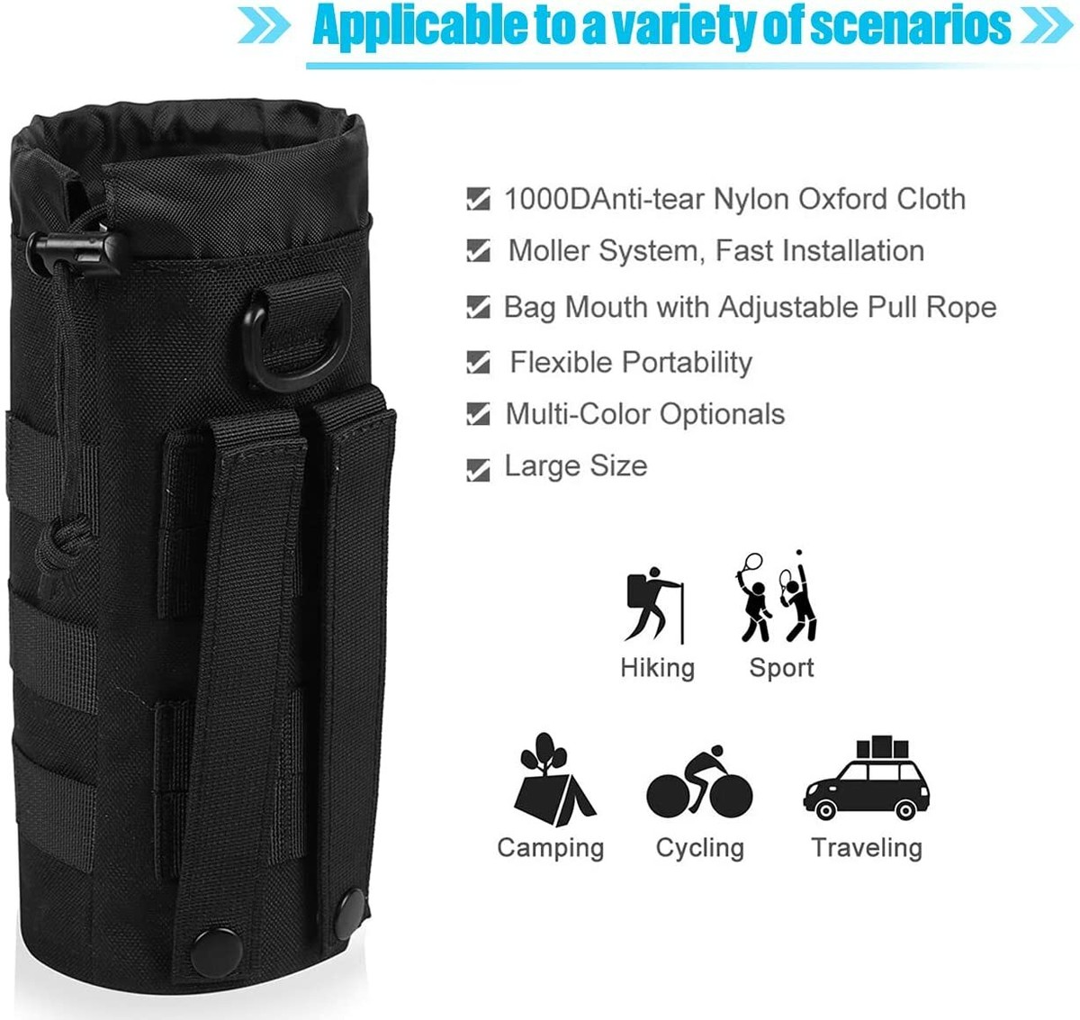 Shappy 3-Pack Tactical Water Bottle Pouches - MOLLE-Compatible Drawstring Bag For Hiking, Camping & Cycling