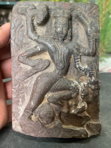 Ancient Rare Goddess Durga Slaying Demon With Vedic Inscription Carved Statue - Picture 2 of 11