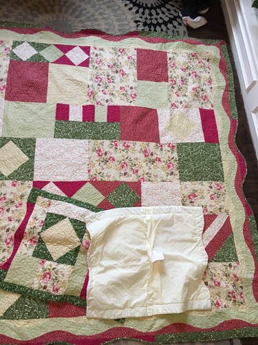Floral Greens Pinks Creams Quilt & 2 Pillow Shams Everday Quilt 86" by 86”