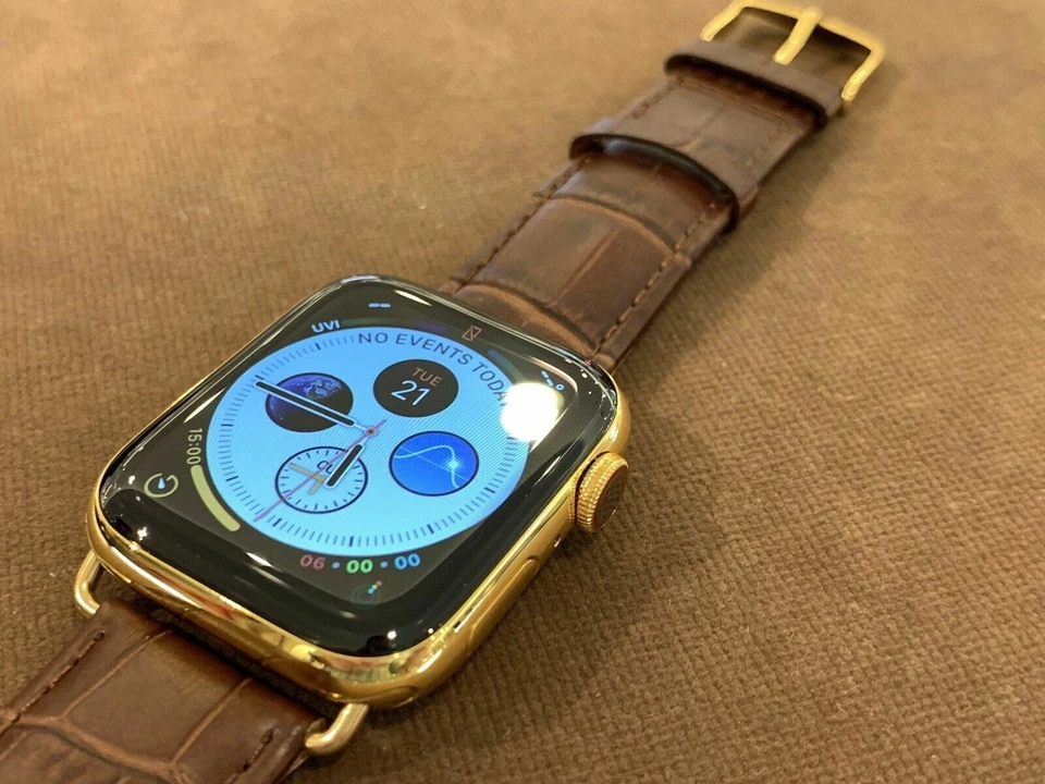 44mm Apple Watch Series 4 Stainless Steel Custom 24K Gold Plated Brown Leather B - Image 2 of 4