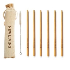 6x Bamboo Straws Party Drinking 20cm + Cleaner & Carry Case, Handmade Reusable 