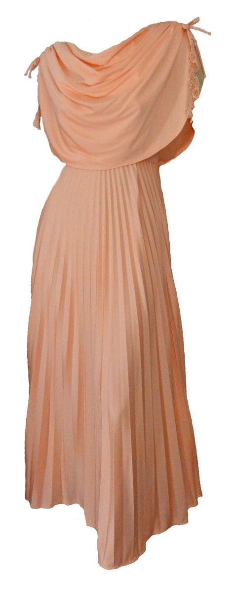 seventies party dress Vintage 1970s Party Dress Peach Jersey Pleated Skirt Maxi Lacy Draped Disco  Gown
