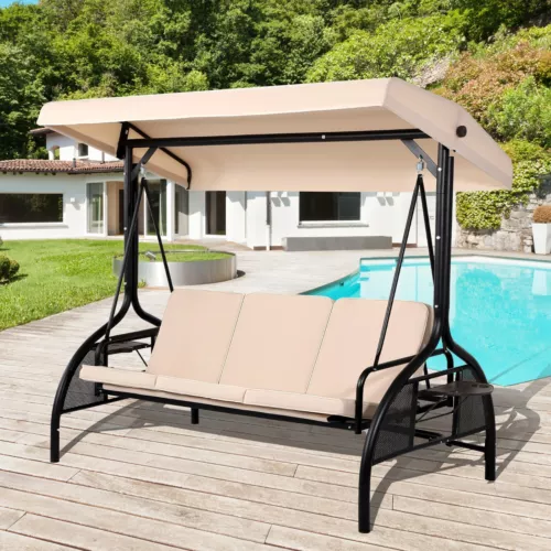 3-Seat Outdoor Patio Swings with Canopy Adjustable Porch Swing with Stand
