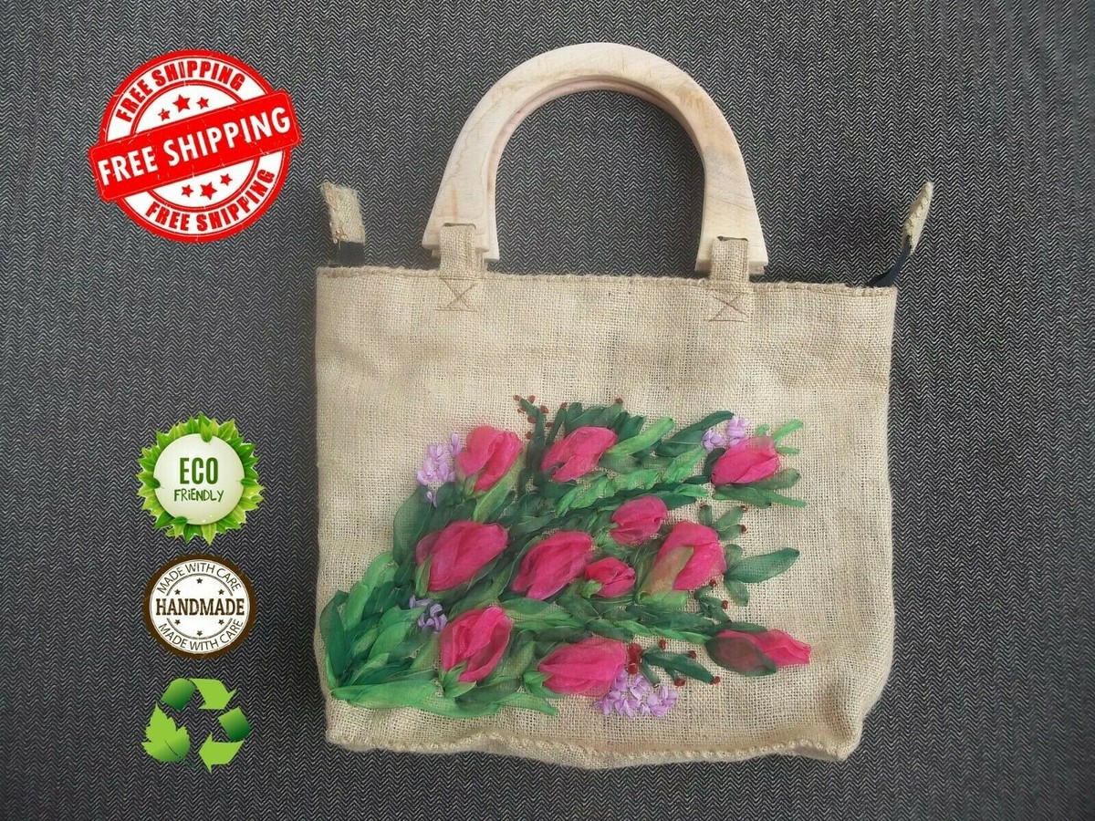 Hand Embroidery Ribbon Floral Jute Vintage Handbag Women 