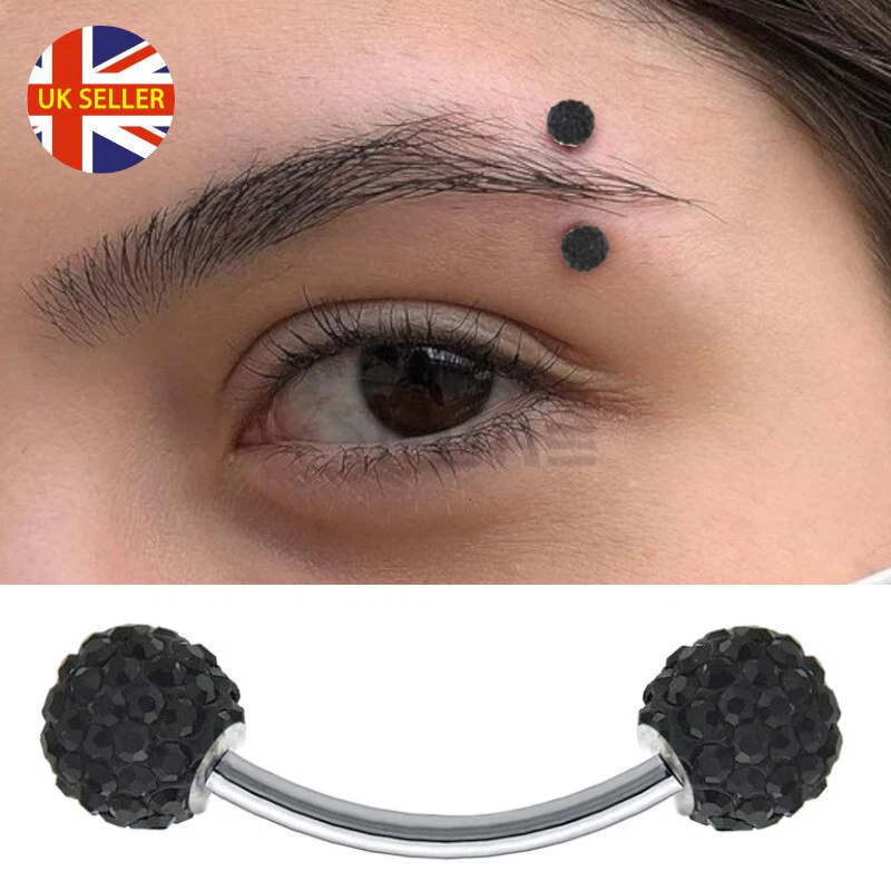 Black Double Crystals Eyebrow Lip Curved Barbell Ear Piercing Bar