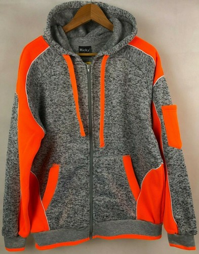 Hi Vis Brushed Fleece Full Zip Hoodie Safety Work Jumper Jacket, Panel W/Piping - Picture 19 of 20