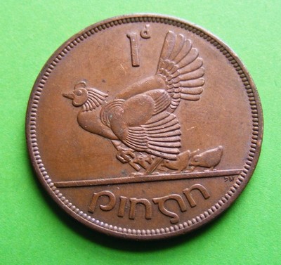 1965 Irish One Penny Coin Ireland 1d Hen And Chicks Eire Harp