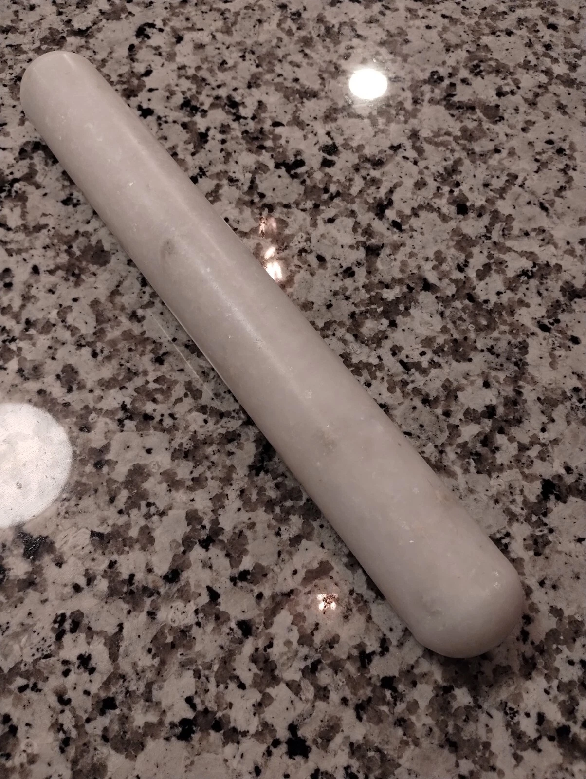 French Vintage White & Grey Gold Inclusions Marble Rolling Pin 14"