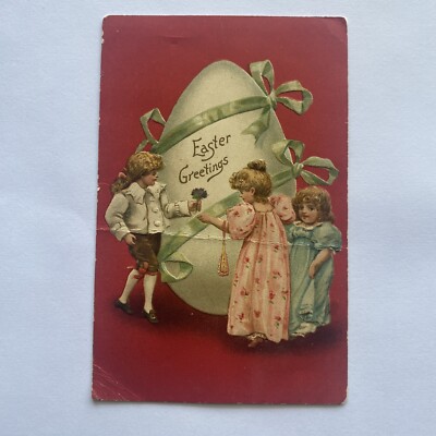 Easter Greetings Children Around Giant Egg Embossed VTG