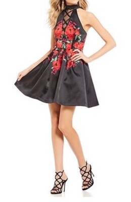 Dear Moon Halter Dress Black with Red Roses Print Sz 3  All Occasion Style