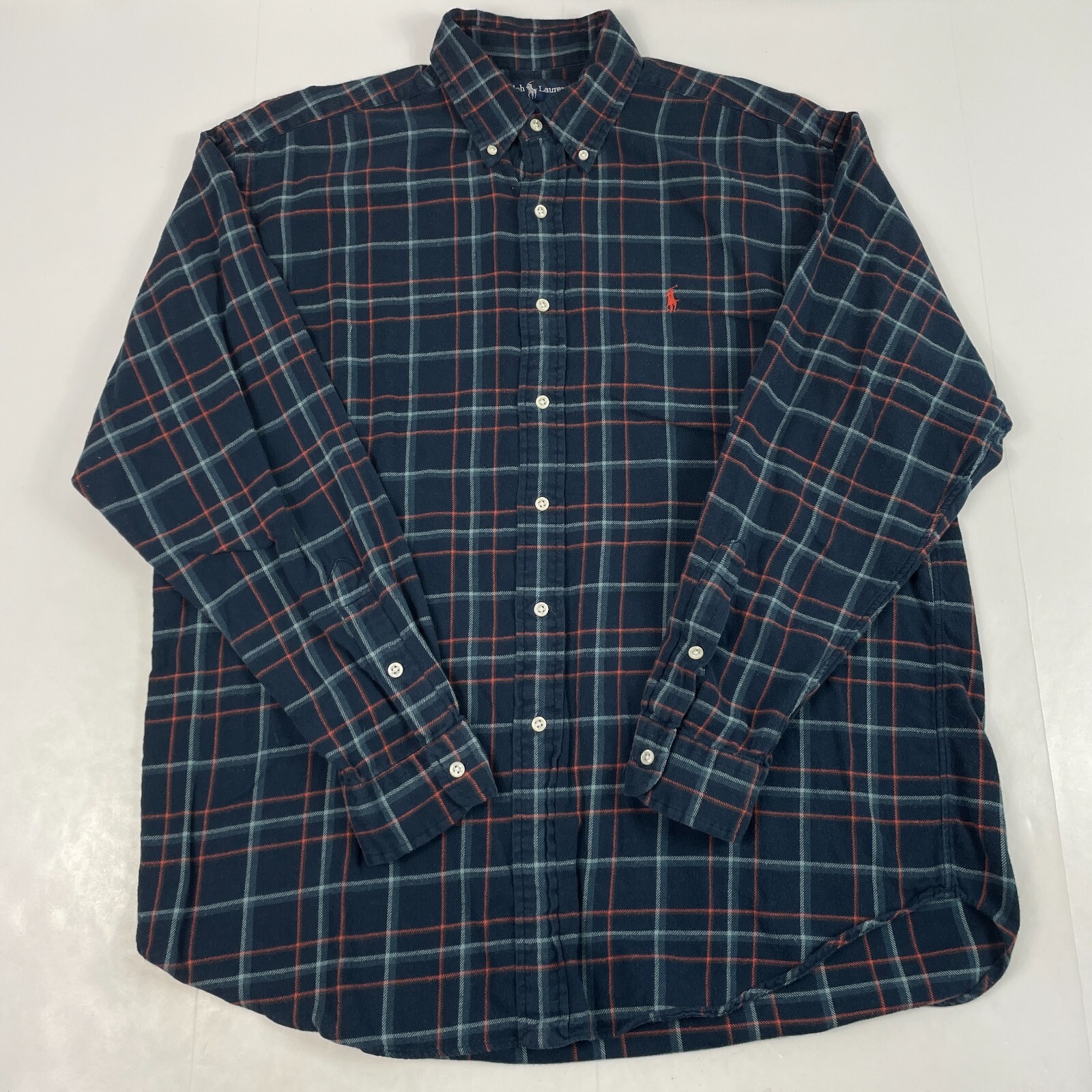 VINTAGE Ralph Lauren camicia uomo grande blu blake flanella bottoni pony plaid