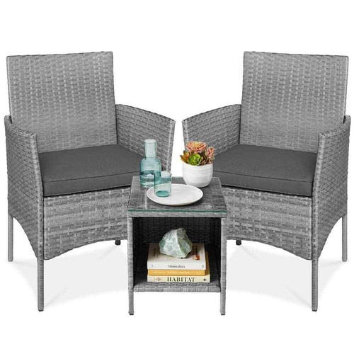 3-Piece Outdoor Wicker Conversation Patio Bistro Set, w/ 2-Chairs, Table, Cushio